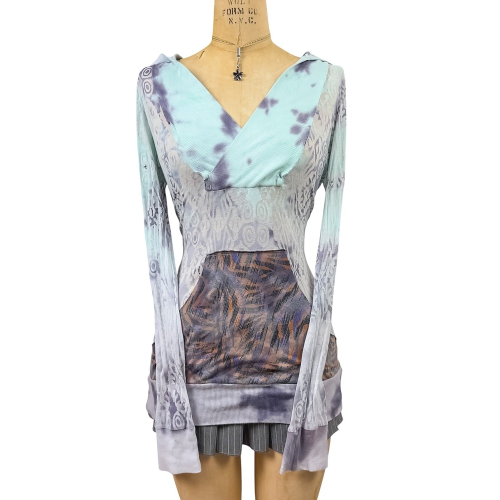 Y2K Patchwork Hooded Sweater Top Burnout Tie Dye Tiger Lace Fairy Grunge Size S